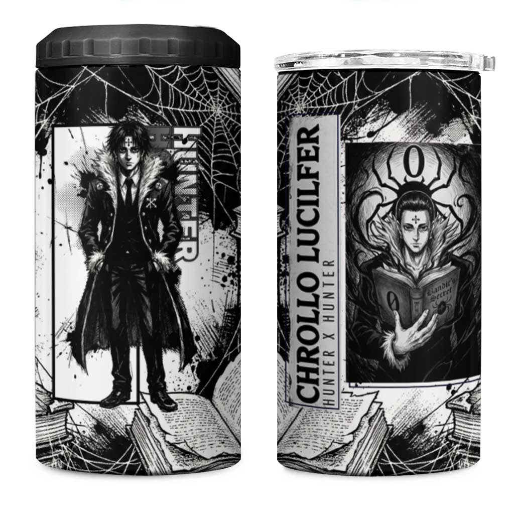 Chrollo Lucilfer Gothic Style 4 in 1 Can Cooler Tumbler with Spider Webs, Grimoire Illustration and Monochrome Design - The Mazicc