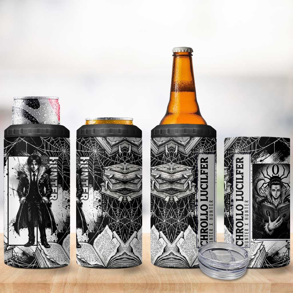 Chrollo Lucilfer Gothic Style 4 in 1 Can Cooler Tumbler with Spider Webs, Grimoire Illustration and Monochrome Design - The Mazicc