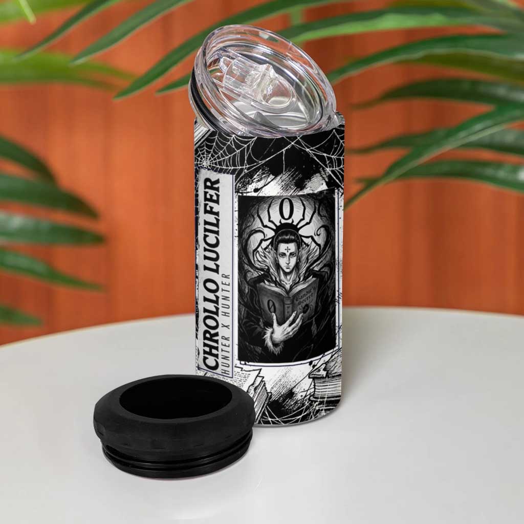 Chrollo Lucilfer Gothic Style 4 in 1 Can Cooler Tumbler with Spider Webs, Grimoire Illustration and Monochrome Design - The Mazicc