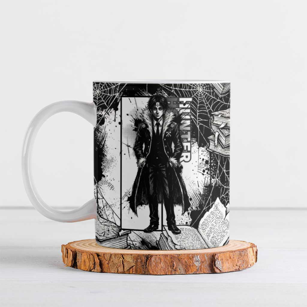 Chrollo Lucilfer Gothic Style Ceramic Mug with Spider Webs, Grimoire Illustration and Monochrome Design - The Mazicc