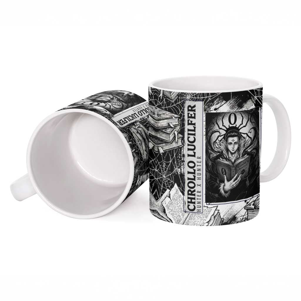 Chrollo Lucilfer Gothic Style Ceramic Mug with Spider Webs, Grimoire Illustration and Monochrome Design - The Mazicc