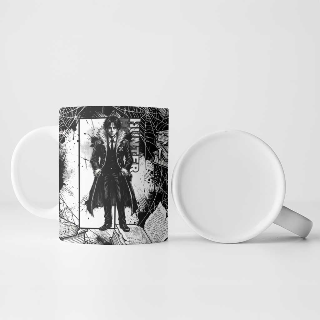 Chrollo Lucilfer Gothic Style Ceramic Mug with Spider Webs, Grimoire Illustration and Monochrome Design - The Mazicc