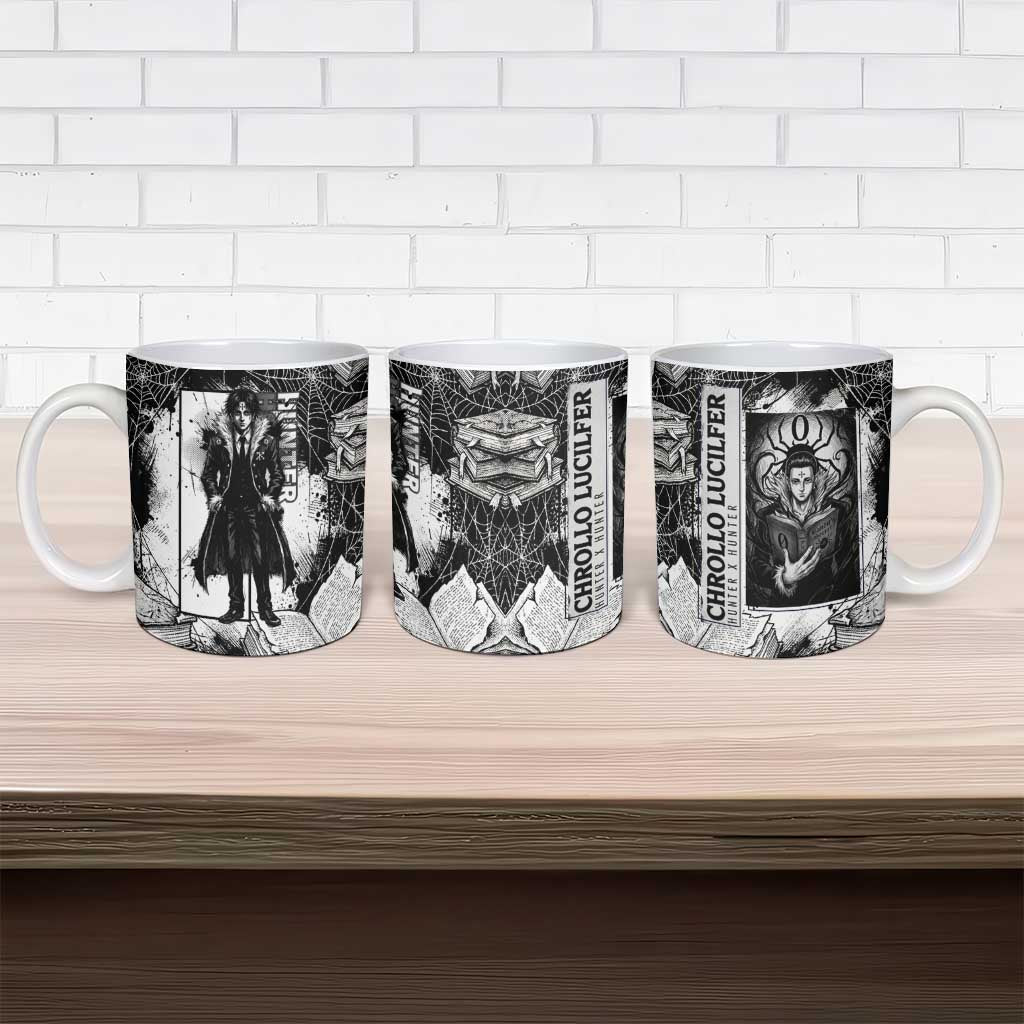 Chrollo Lucilfer Gothic Style Ceramic Mug with Spider Webs, Grimoire Illustration and Monochrome Design - The Mazicc
