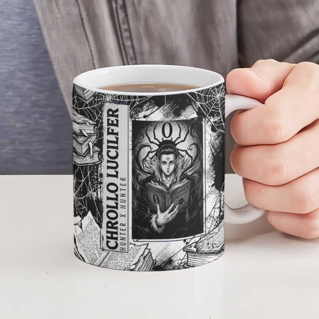 Chrollo Lucilfer Gothic Style Ceramic Mug with Spider Webs, Grimoire Illustration and Monochrome Design - The Mazicc