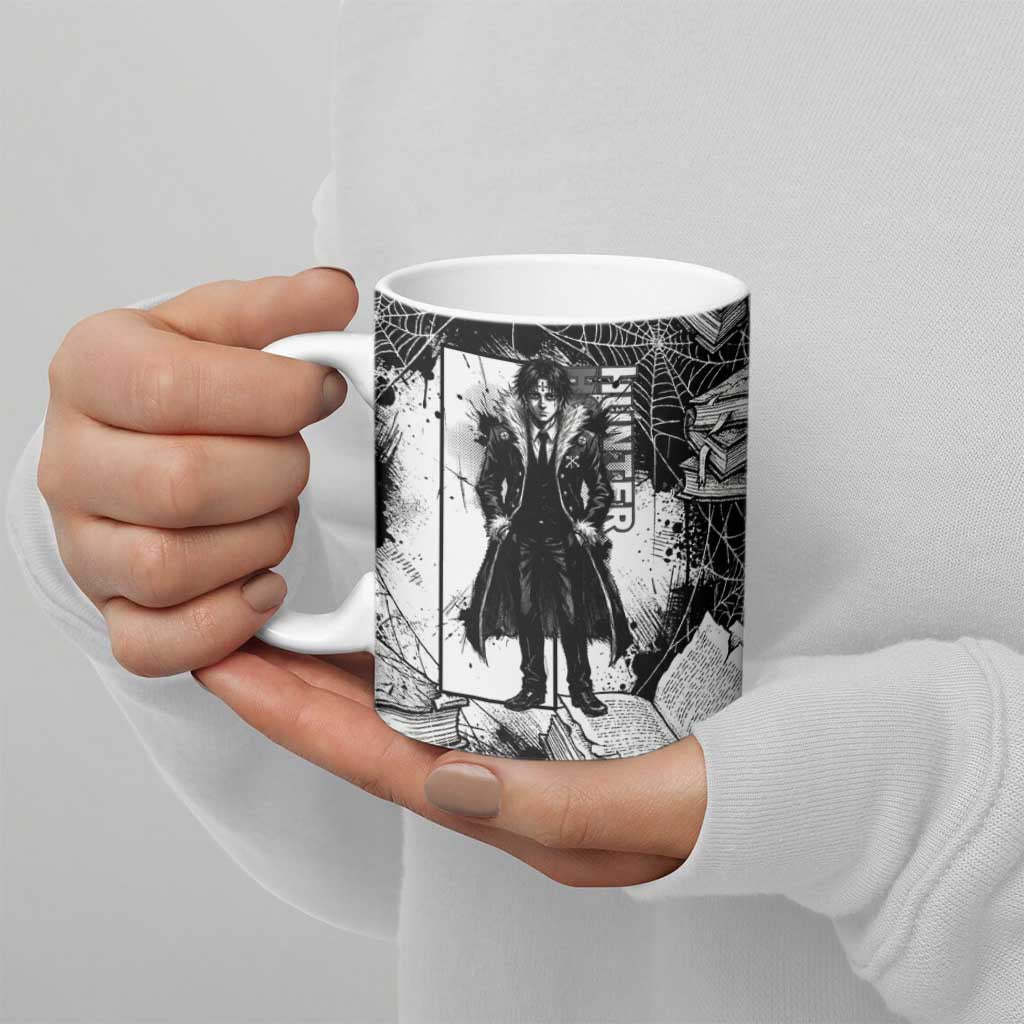 Chrollo Lucilfer Gothic Style Ceramic Mug with Spider Webs, Grimoire Illustration and Monochrome Design - The Mazicc