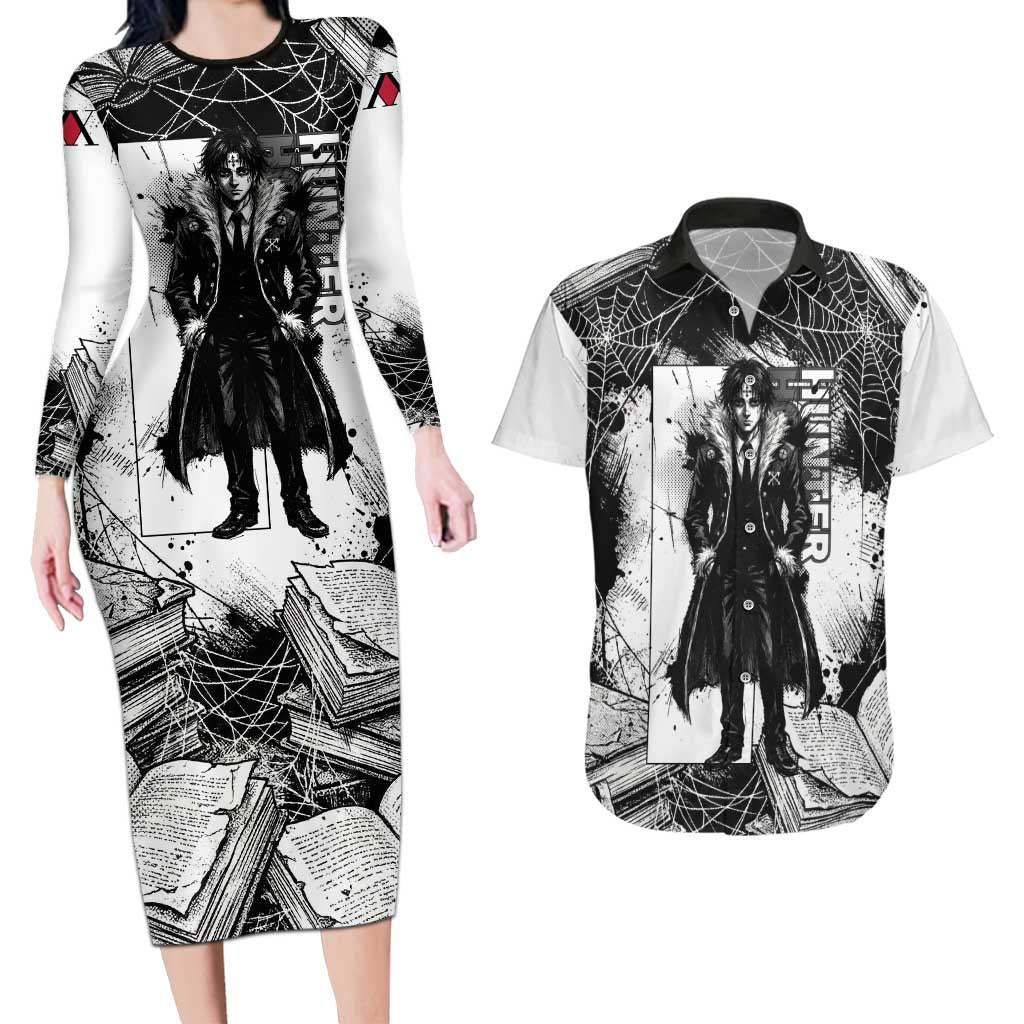 Chrollo Lucilfer Gothic Style Couples Matching Long Sleeve Bodycon Dress and Hawaiian Shirt with Spider Webs, Grimoire Illustration and Monochrome Design - The Mazicc