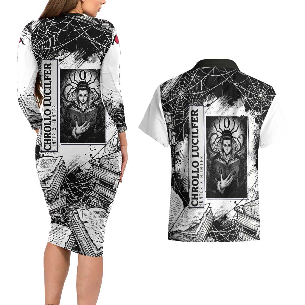 Chrollo Lucilfer Gothic Style Couples Matching Long Sleeve Bodycon Dress and Hawaiian Shirt with Spider Webs, Grimoire Illustration and Monochrome Design - The Mazicc