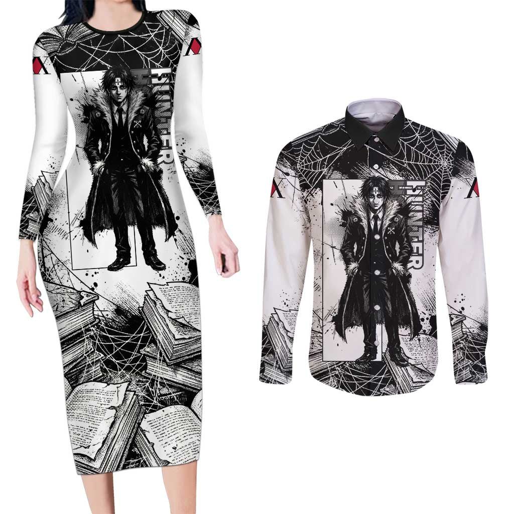Chrollo Lucilfer Gothic Style Couples Matching Long Sleeve Bodycon Dress and Long Sleeve Button Shirt with Spider Webs, Grimoire Illustration and Monochrome Design - The Mazicc