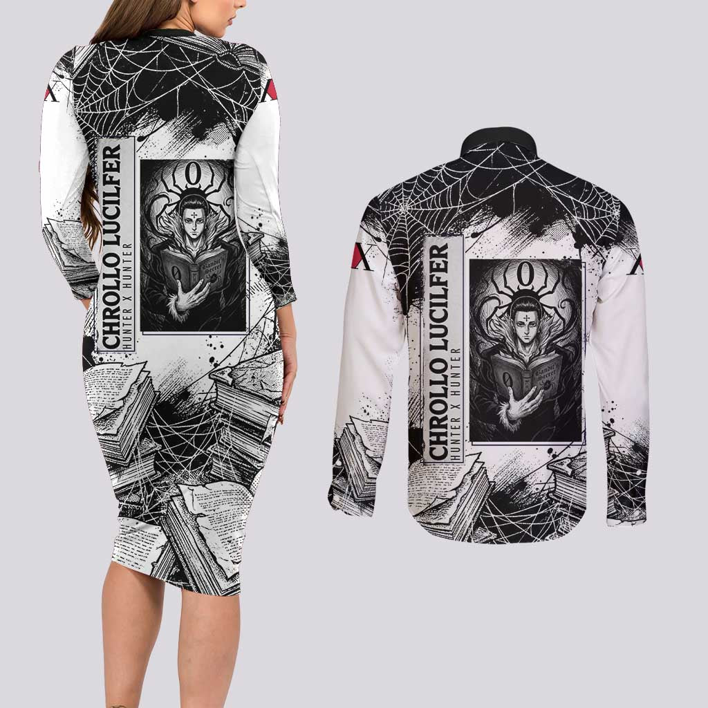 Chrollo Lucilfer Gothic Style Couples Matching Long Sleeve Bodycon Dress and Long Sleeve Button Shirt with Spider Webs, Grimoire Illustration and Monochrome Design - The Mazicc