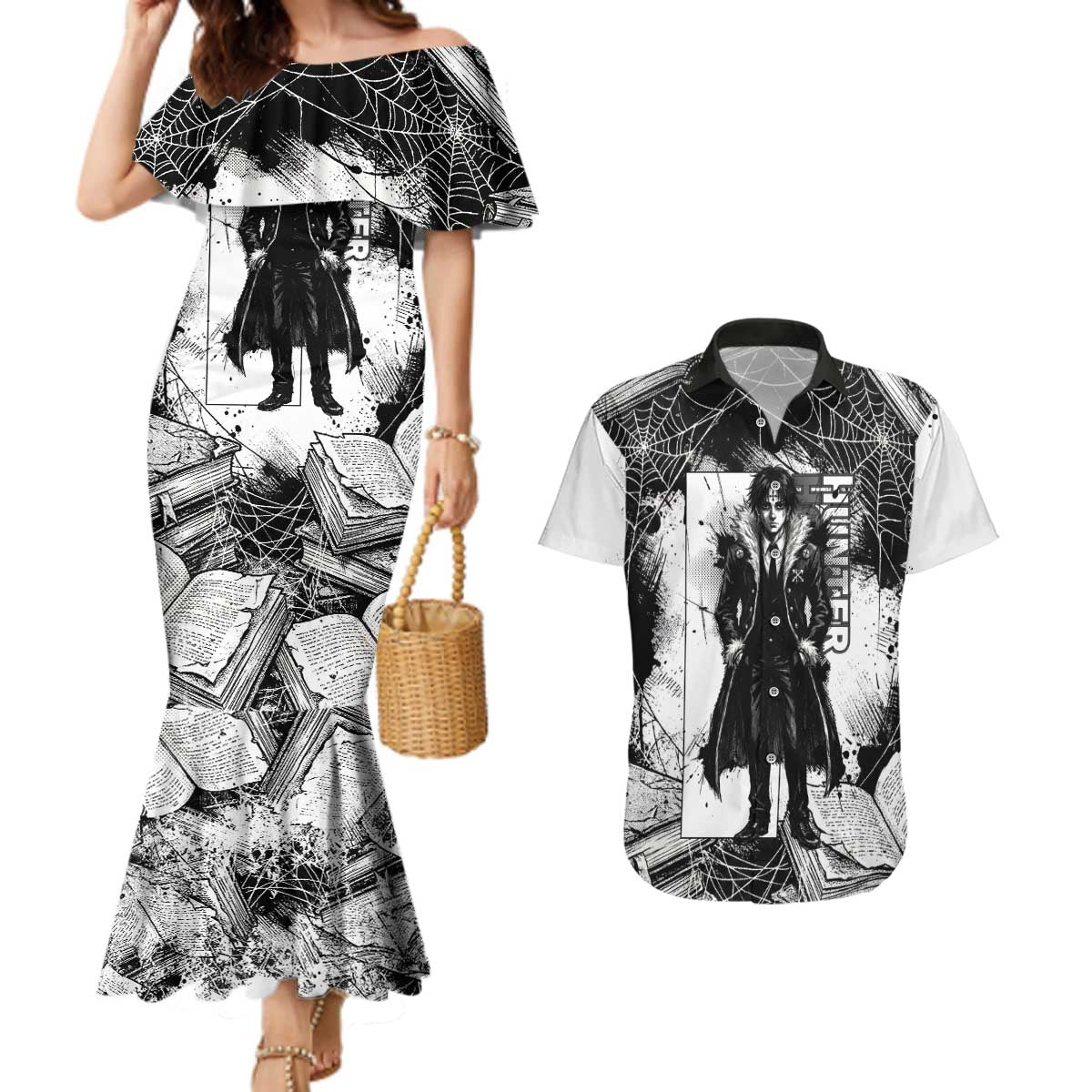 Chrollo Lucilfer Gothic Style Couples Matching Mermaid Dress and Hawaiian Shirt with Spider Webs, Grimoire Illustration and Monochrome Design - The Mazicc