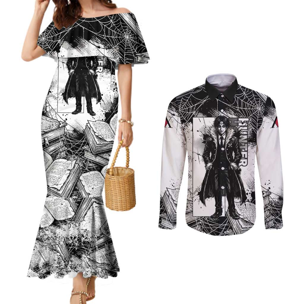 Chrollo Lucilfer Gothic Style Couples Matching Mermaid Dress and Long Sleeve Button Shirt with Spider Webs, Grimoire Illustration and Monochrome Design - The Mazicc
