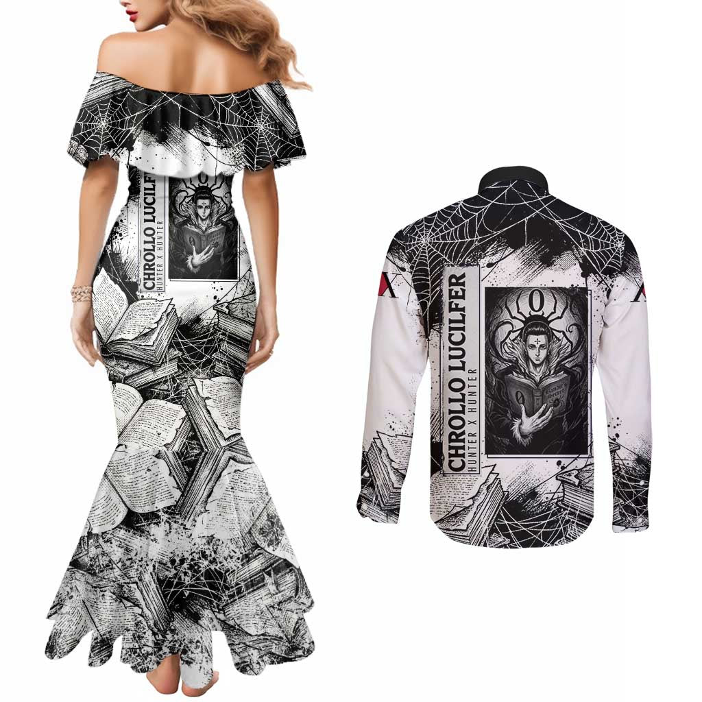 Chrollo Lucilfer Gothic Style Couples Matching Mermaid Dress and Long Sleeve Button Shirt with Spider Webs, Grimoire Illustration and Monochrome Design - The Mazicc