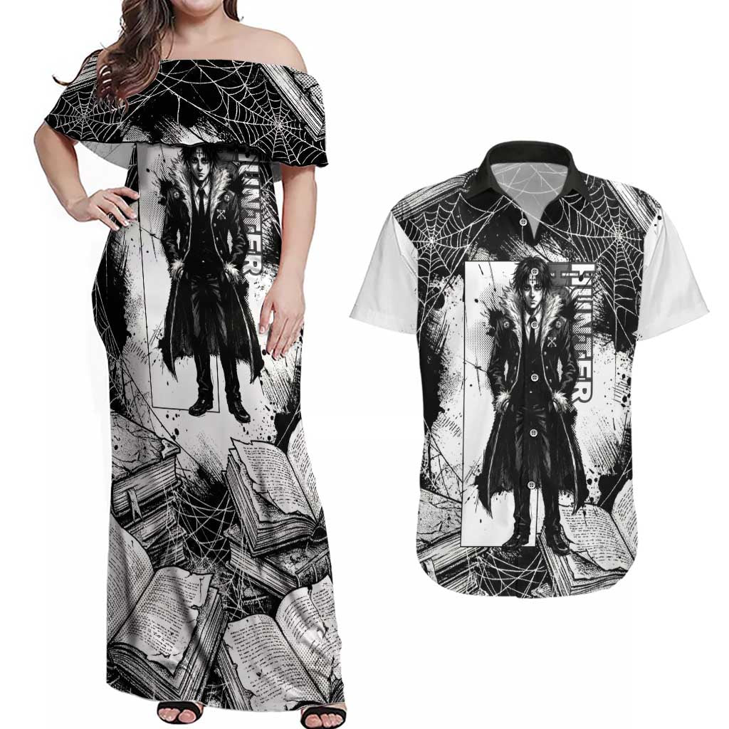Chrollo Lucilfer Gothic Style Couples Matching Off Shoulder Maxi Dress and Hawaiian Shirt with Spider Webs, Grimoire Illustration and Monochrome Design - The Mazicc