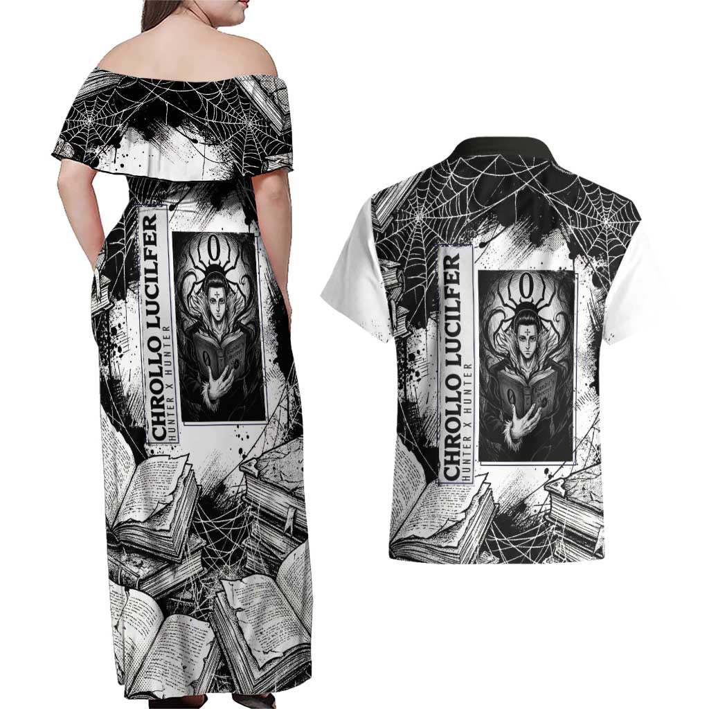 Chrollo Lucilfer Gothic Style Couples Matching Off Shoulder Maxi Dress and Hawaiian Shirt with Spider Webs, Grimoire Illustration and Monochrome Design - The Mazicc