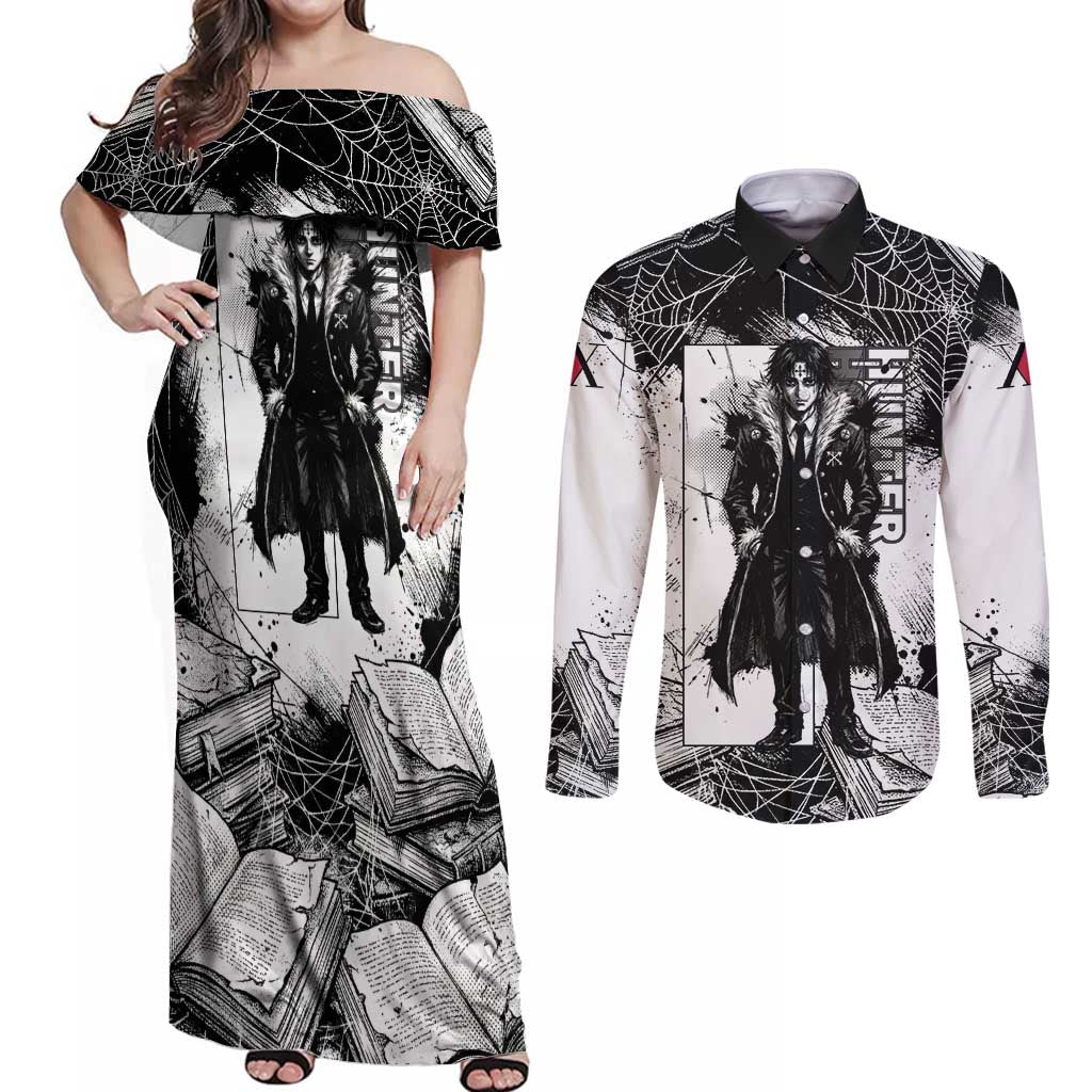 Chrollo Lucilfer Gothic Style Couples Matching Off Shoulder Maxi Dress and Long Sleeve Button Shirt with Spider Webs, Grimoire Illustration and Monochrome Design - The Mazicc