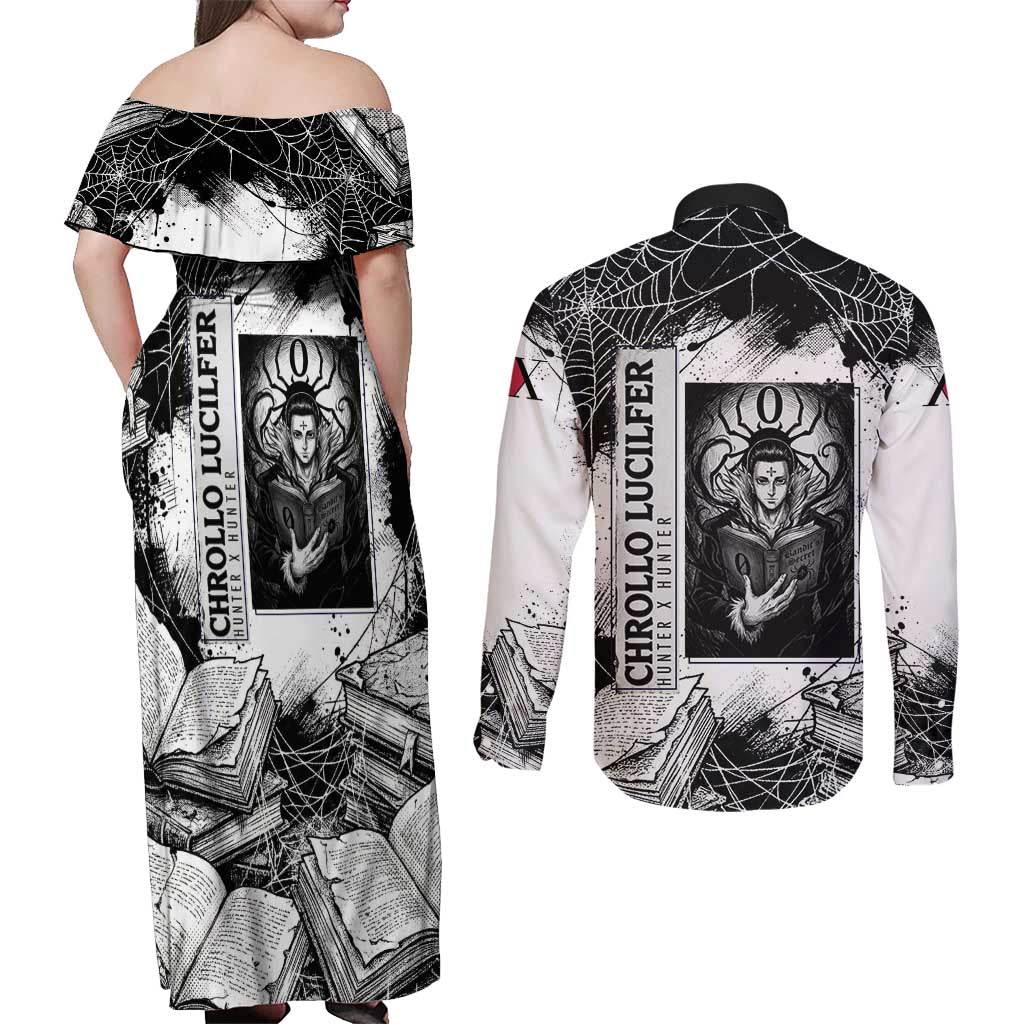 Chrollo Lucilfer Gothic Style Couples Matching Off Shoulder Maxi Dress and Long Sleeve Button Shirt with Spider Webs, Grimoire Illustration and Monochrome Design - The Mazicc