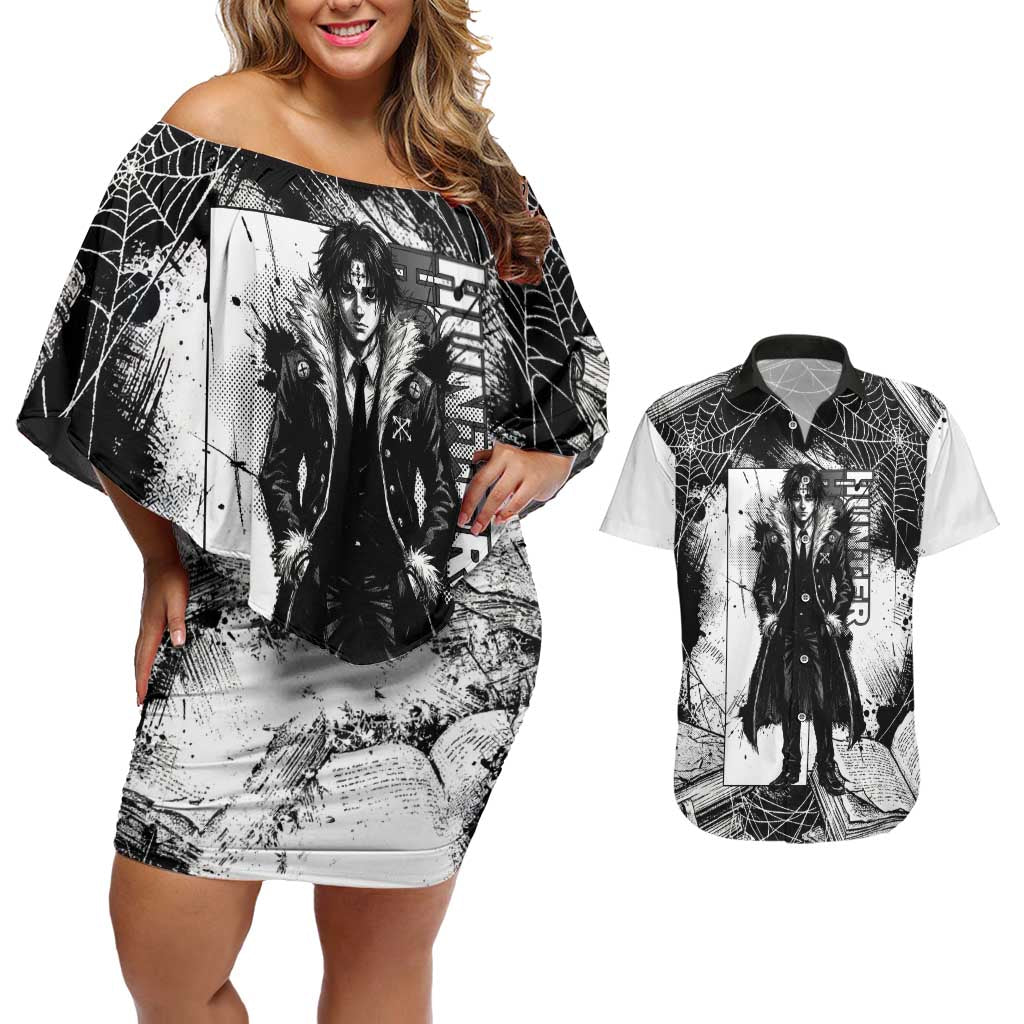 Chrollo Lucilfer Gothic Style Couples Matching Off Shoulder Short Dress and Hawaiian Shirt with Spider Webs, Grimoire Illustration and Monochrome Design - The Mazicc