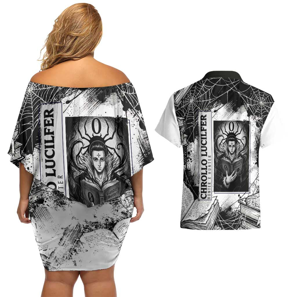 Chrollo Lucilfer Gothic Style Couples Matching Off Shoulder Short Dress and Hawaiian Shirt with Spider Webs, Grimoire Illustration and Monochrome Design - The Mazicc