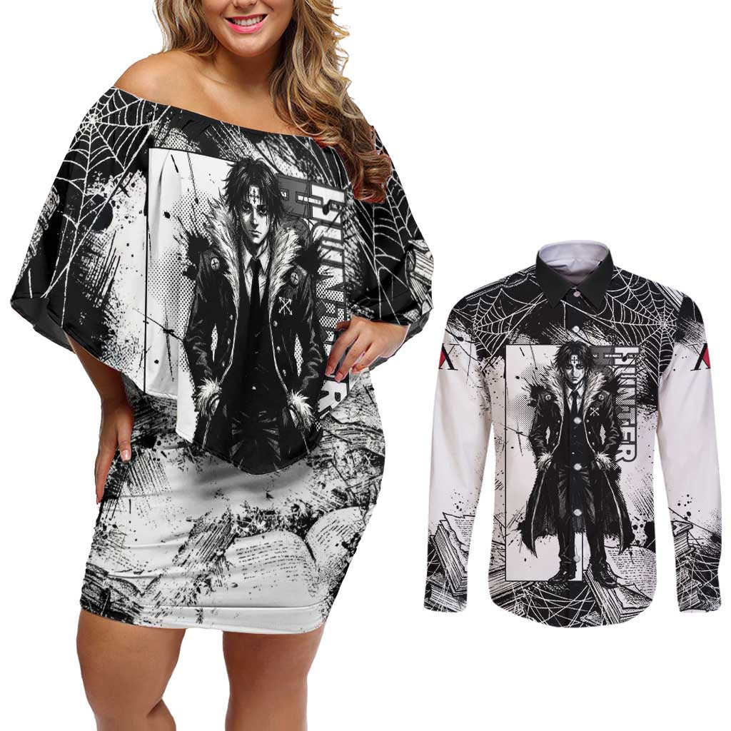 Chrollo Lucilfer Gothic Style Couples Matching Off Shoulder Short Dress and Long Sleeve Button Shirt with Spider Webs, Grimoire Illustration and Monochrome Design - The Mazicc