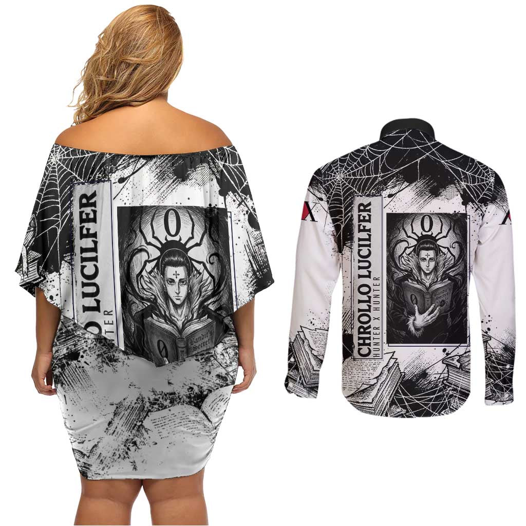 Chrollo Lucilfer Gothic Style Couples Matching Off Shoulder Short Dress and Long Sleeve Button Shirt with Spider Webs, Grimoire Illustration and Monochrome Design - The Mazicc