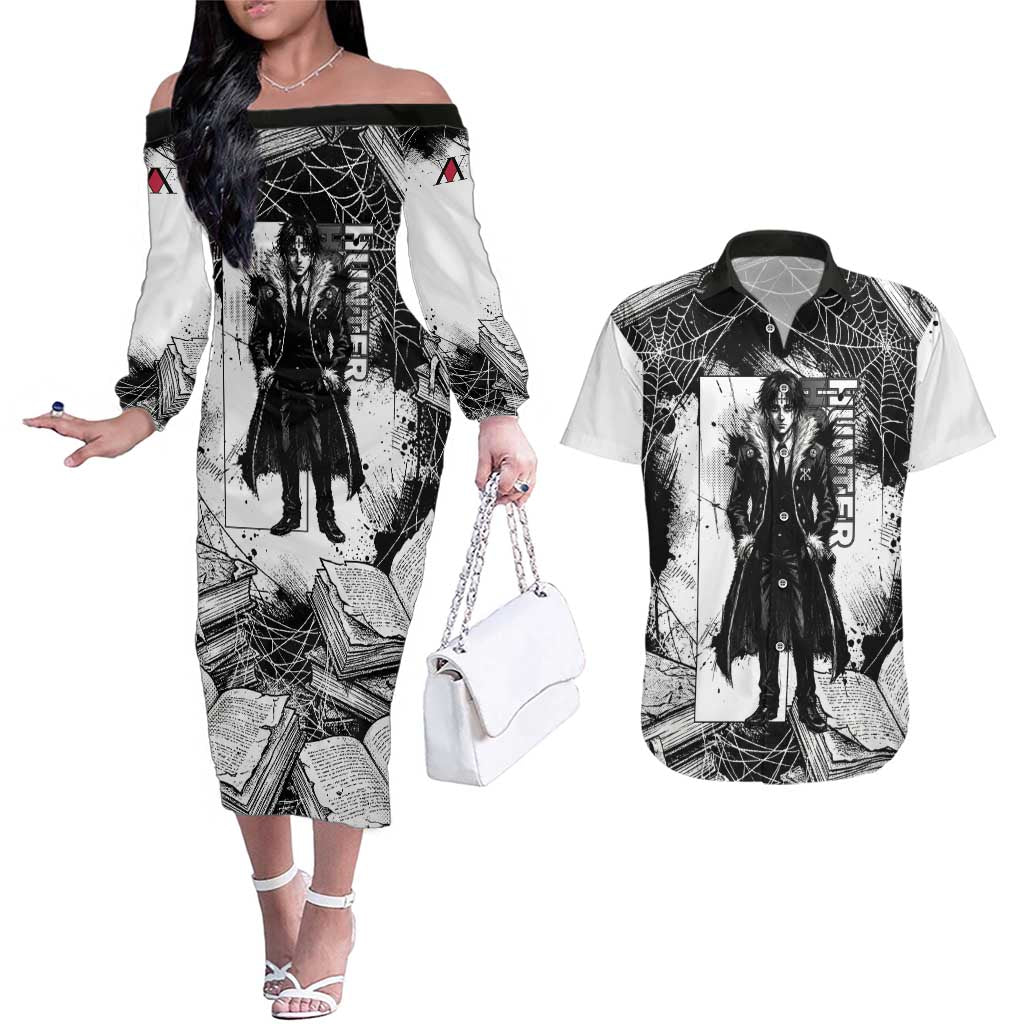 Chrollo Lucilfer Gothic Style Couples Matching Off The Shoulder Long Sleeve Dress and Hawaiian Shirt with Spider Webs, Grimoire Illustration and Monochrome Design - The Mazicc