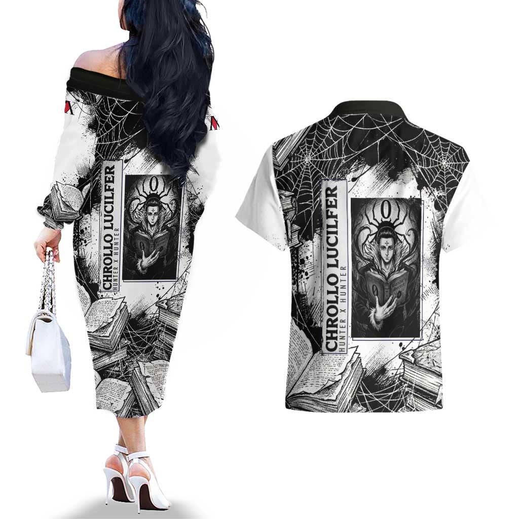 Chrollo Lucilfer Gothic Style Couples Matching Off The Shoulder Long Sleeve Dress and Hawaiian Shirt with Spider Webs, Grimoire Illustration and Monochrome Design - The Mazicc