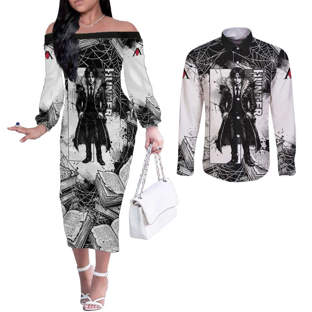 Chrollo Lucilfer Gothic Style Couples Matching Off The Shoulder Long Sleeve Dress and Long Sleeve Button Shirt with Spider Webs, Grimoire Illustration and Monochrome Design - The Mazicc
