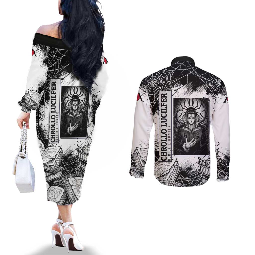 Chrollo Lucilfer Gothic Style Couples Matching Off The Shoulder Long Sleeve Dress and Long Sleeve Button Shirt with Spider Webs, Grimoire Illustration and Monochrome Design - The Mazicc