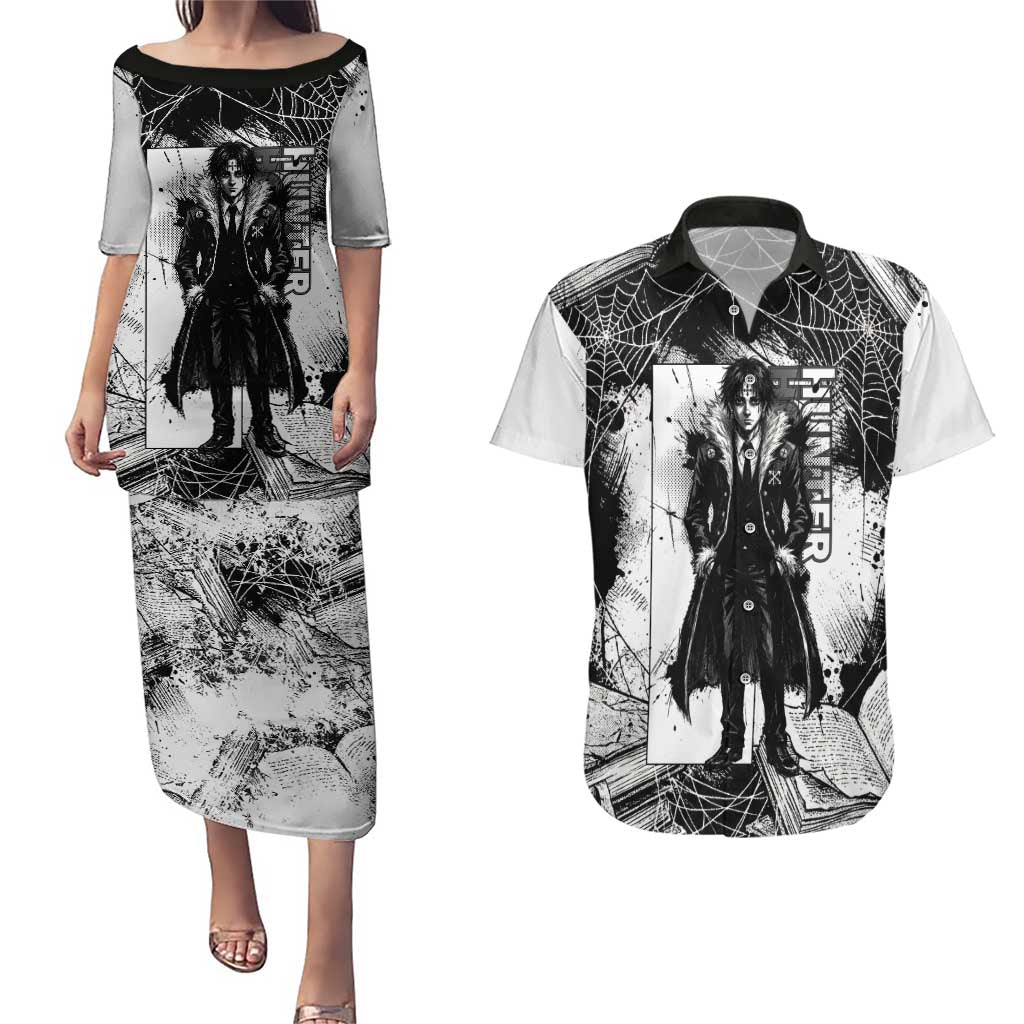 Chrollo Lucilfer Gothic Style Couples Matching Puletasi and Hawaiian Shirt with Spider Webs, Grimoire Illustration and Monochrome Design - The Mazicc