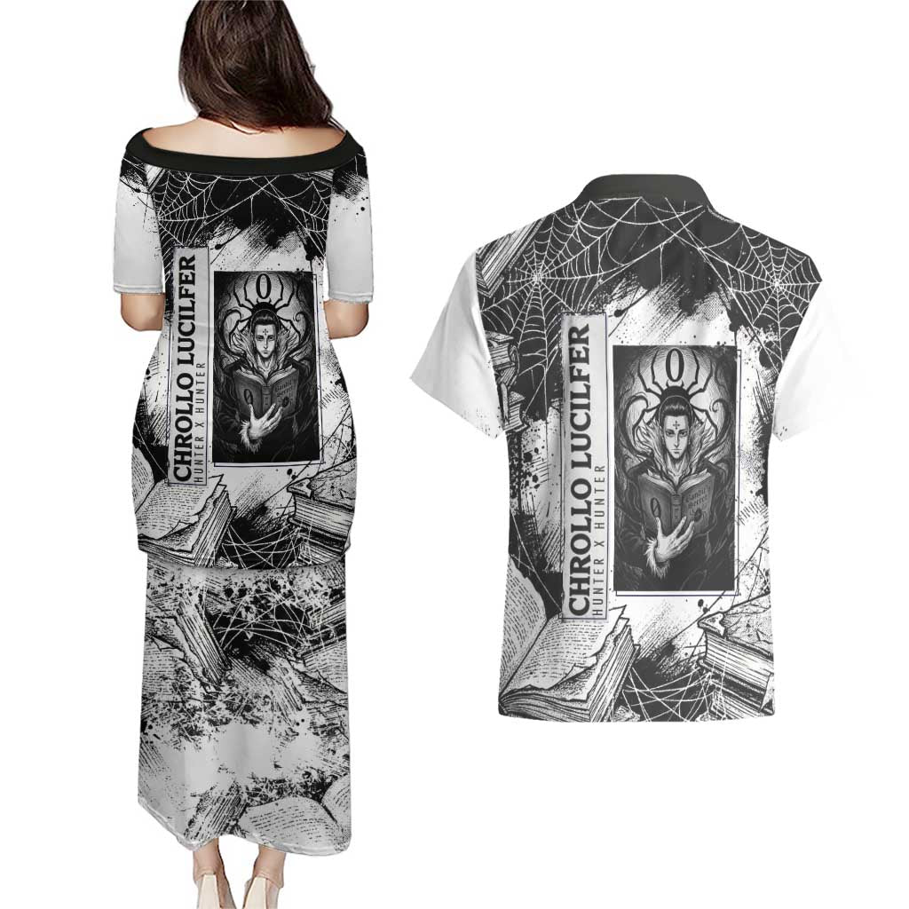 Chrollo Lucilfer Gothic Style Couples Matching Puletasi and Hawaiian Shirt with Spider Webs, Grimoire Illustration and Monochrome Design - The Mazicc