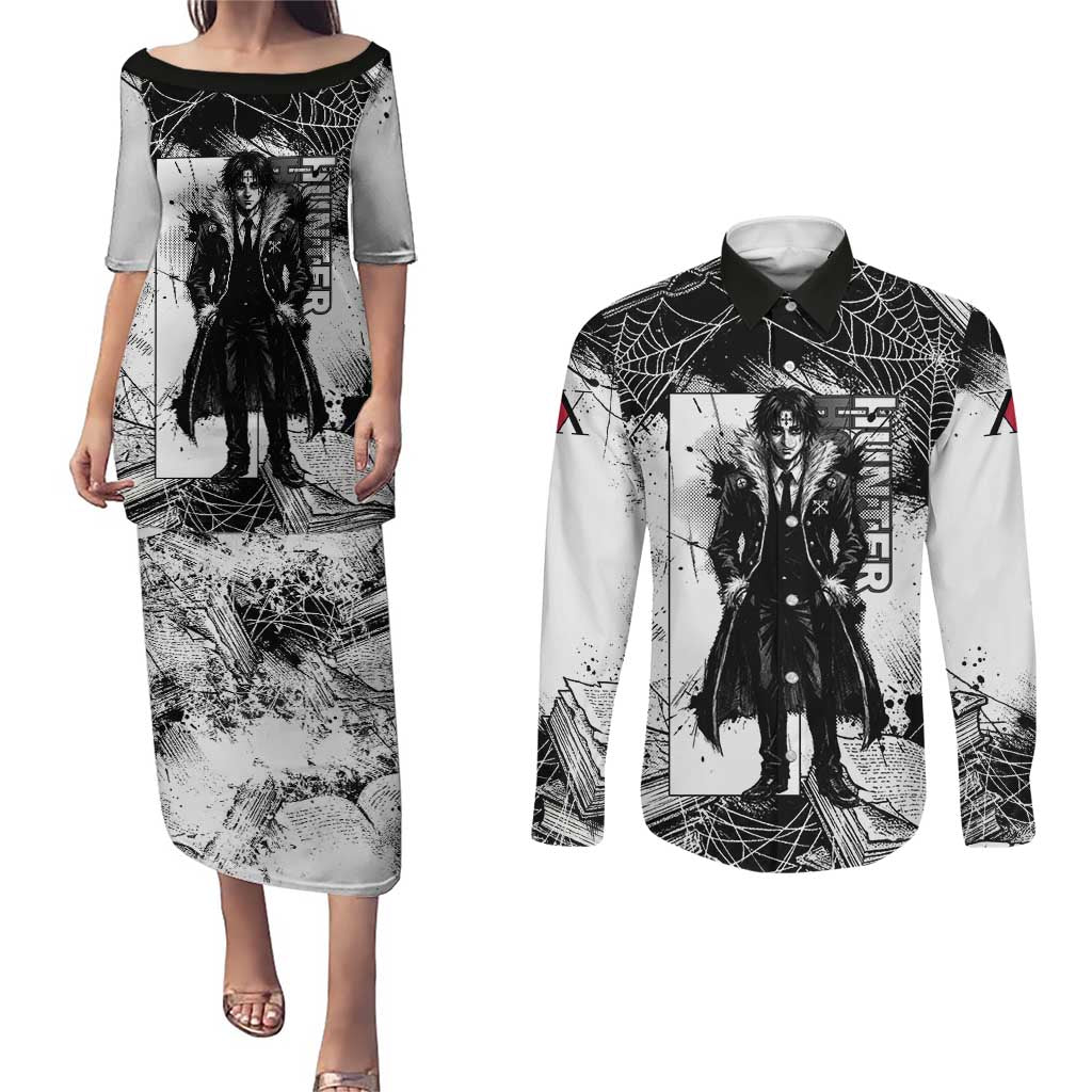 Chrollo Lucilfer Gothic Style Couples Matching Puletasi and Long Sleeve Button Shirt with Spider Webs, Grimoire Illustration and Monochrome Design - The Mazicc