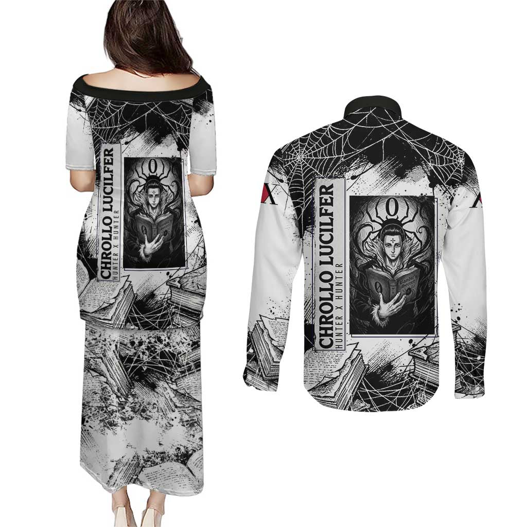 Chrollo Lucilfer Gothic Style Couples Matching Puletasi and Long Sleeve Button Shirt with Spider Webs, Grimoire Illustration and Monochrome Design - The Mazicc