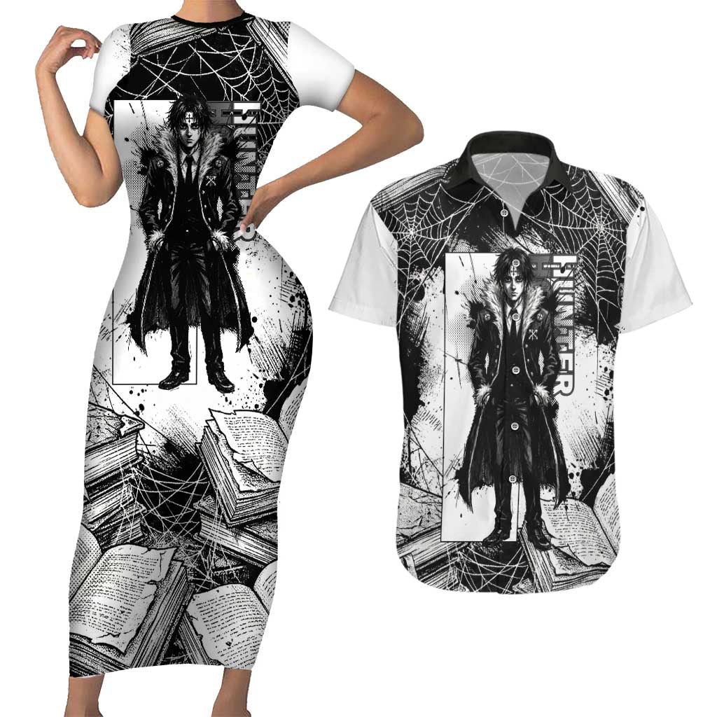 Chrollo Lucilfer Gothic Style Couples Matching Short Sleeve Bodycon Dress and Hawaiian Shirt with Spider Webs, Grimoire Illustration and Monochrome Design - The Mazicc
