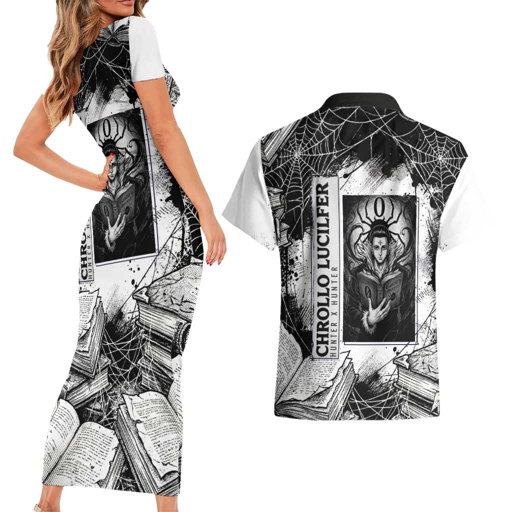 Chrollo Lucilfer Gothic Style Couples Matching Short Sleeve Bodycon Dress and Hawaiian Shirt with Spider Webs, Grimoire Illustration and Monochrome Design - The Mazicc