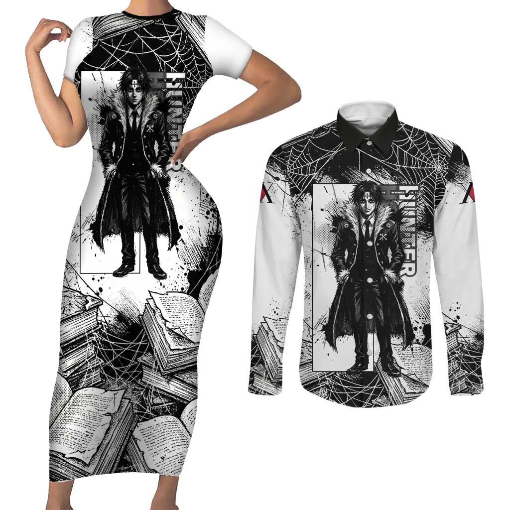 Chrollo Lucilfer Gothic Style Couples Matching Short Sleeve Bodycon Dress and Long Sleeve Button Shirt with Spider Webs, Grimoire Illustration and Monochrome Design - The Mazicc