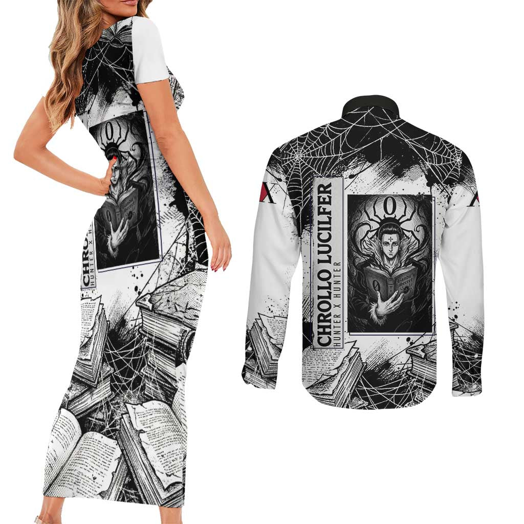 Chrollo Lucilfer Gothic Style Couples Matching Short Sleeve Bodycon Dress and Long Sleeve Button Shirt with Spider Webs, Grimoire Illustration and Monochrome Design - The Mazicc