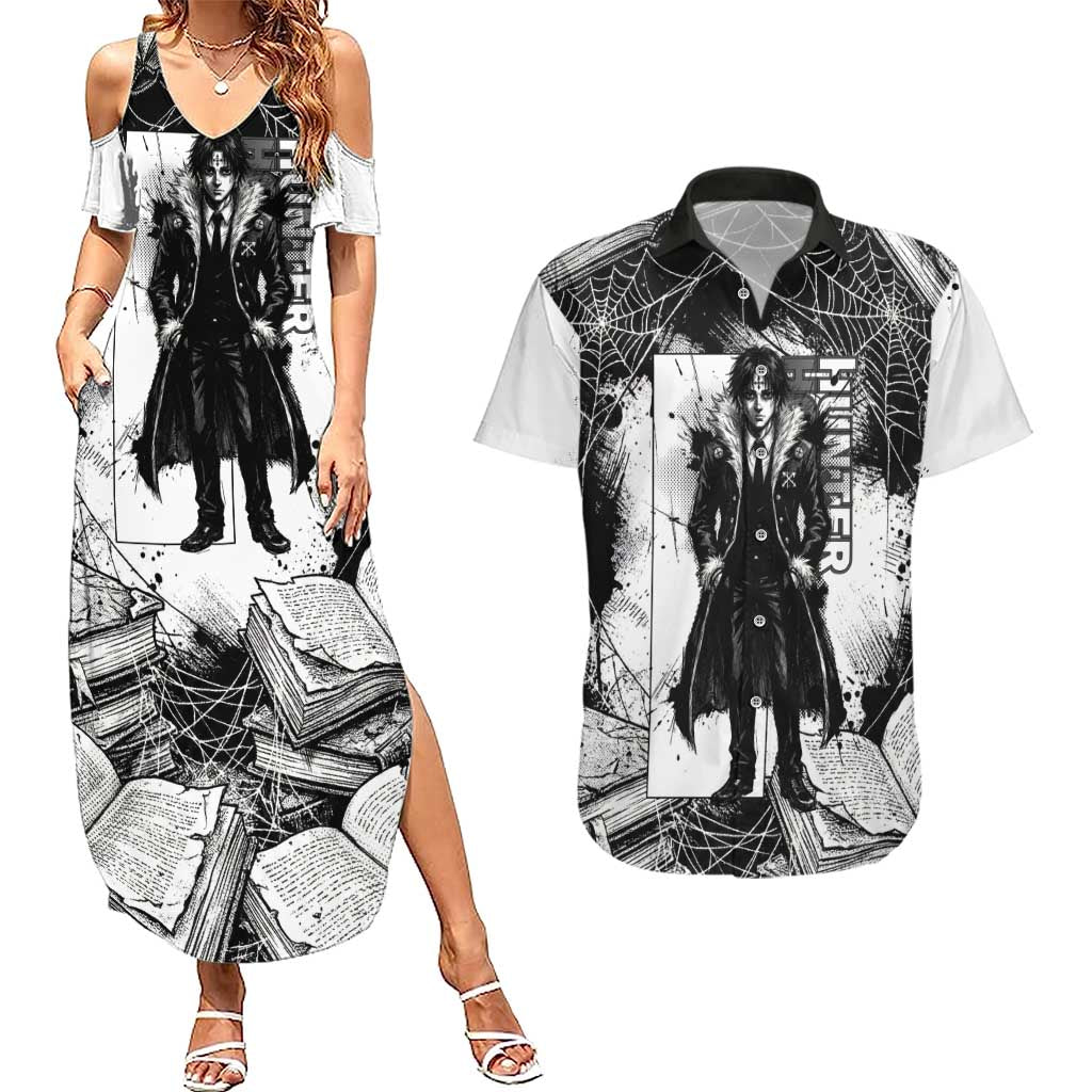 Chrollo Lucilfer Gothic Style Couples Matching Summer Maxi Dress and Hawaiian Shirt with Spider Webs, Grimoire Illustration and Monochrome Design - The Mazicc