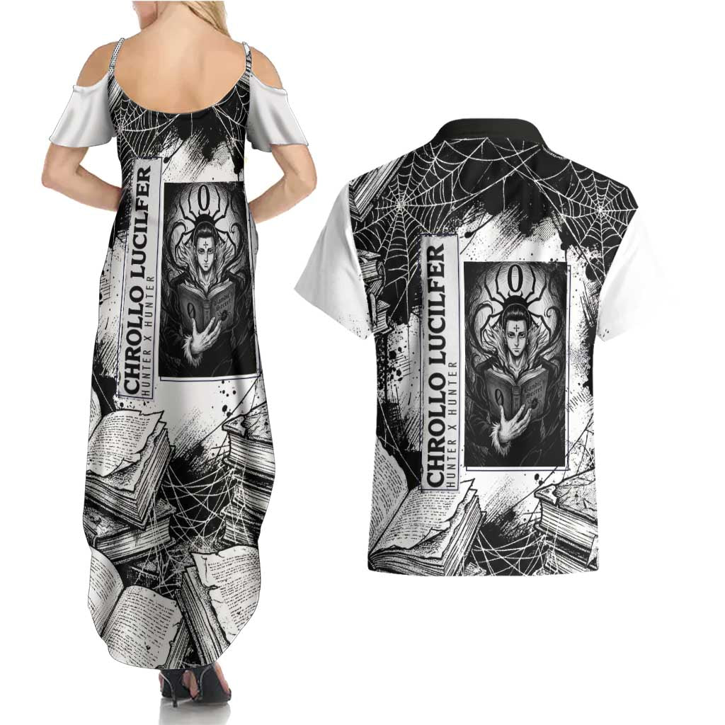 Chrollo Lucilfer Gothic Style Couples Matching Summer Maxi Dress and Hawaiian Shirt with Spider Webs, Grimoire Illustration and Monochrome Design - The Mazicc