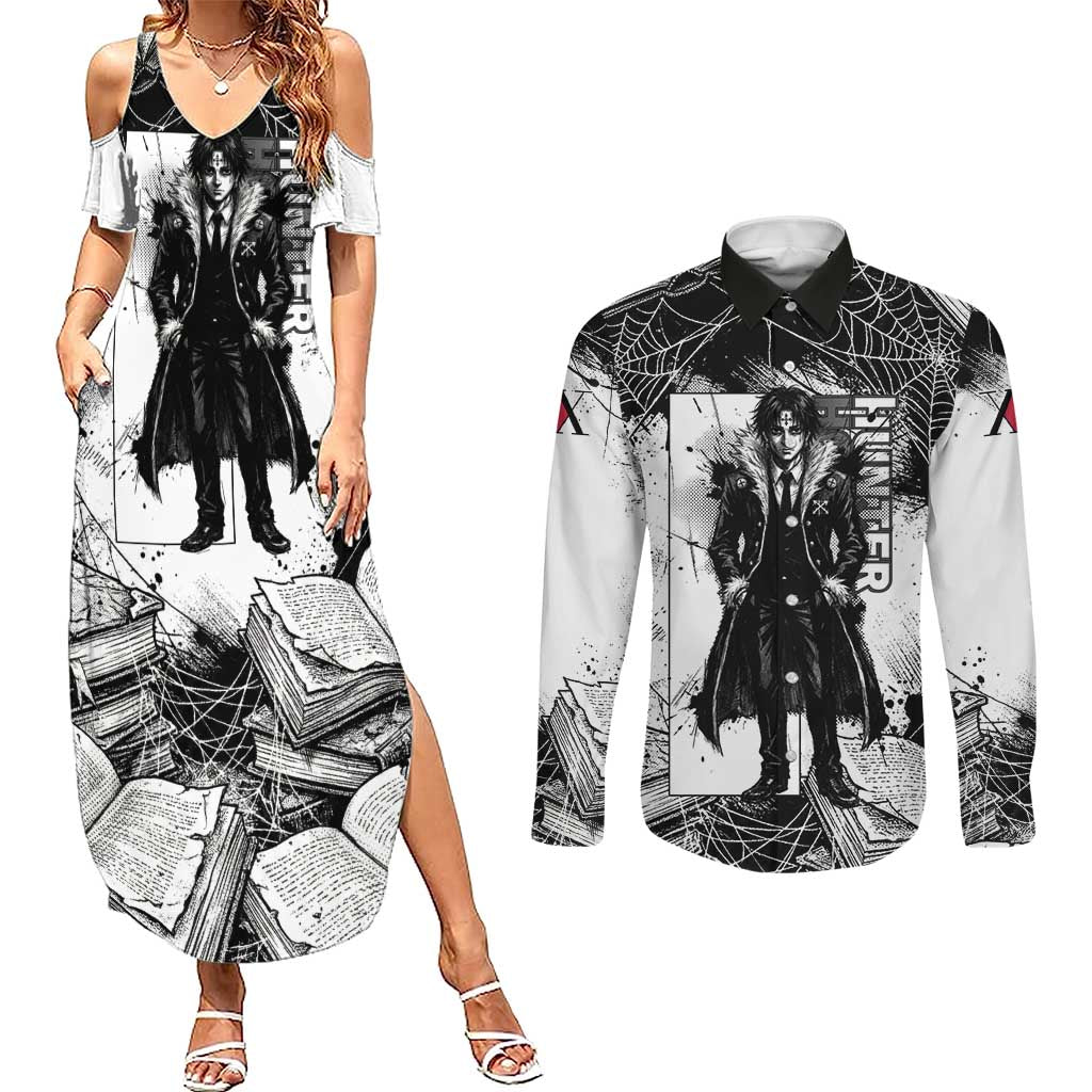 Chrollo Lucilfer Gothic Style Couples Matching Summer Maxi Dress and Long Sleeve Button Shirt with Spider Webs, Grimoire Illustration and Monochrome Design - The Mazicc