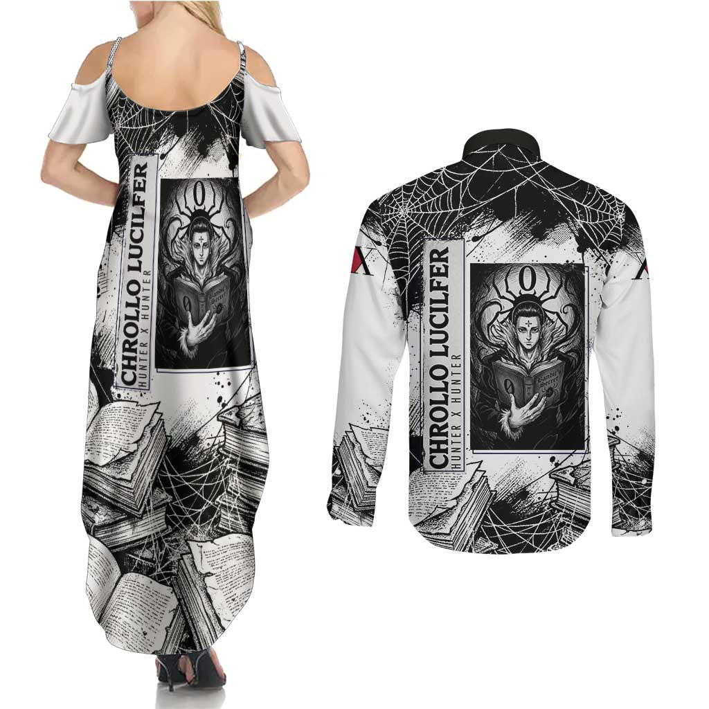 Chrollo Lucilfer Gothic Style Couples Matching Summer Maxi Dress and Long Sleeve Button Shirt with Spider Webs, Grimoire Illustration and Monochrome Design - The Mazicc