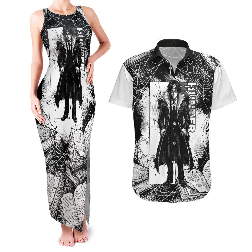 Chrollo Lucilfer Gothic Style Couples Matching Tank Maxi Dress and Hawaiian Shirt with Spider Webs, Grimoire Illustration and Monochrome Design - The Mazicc