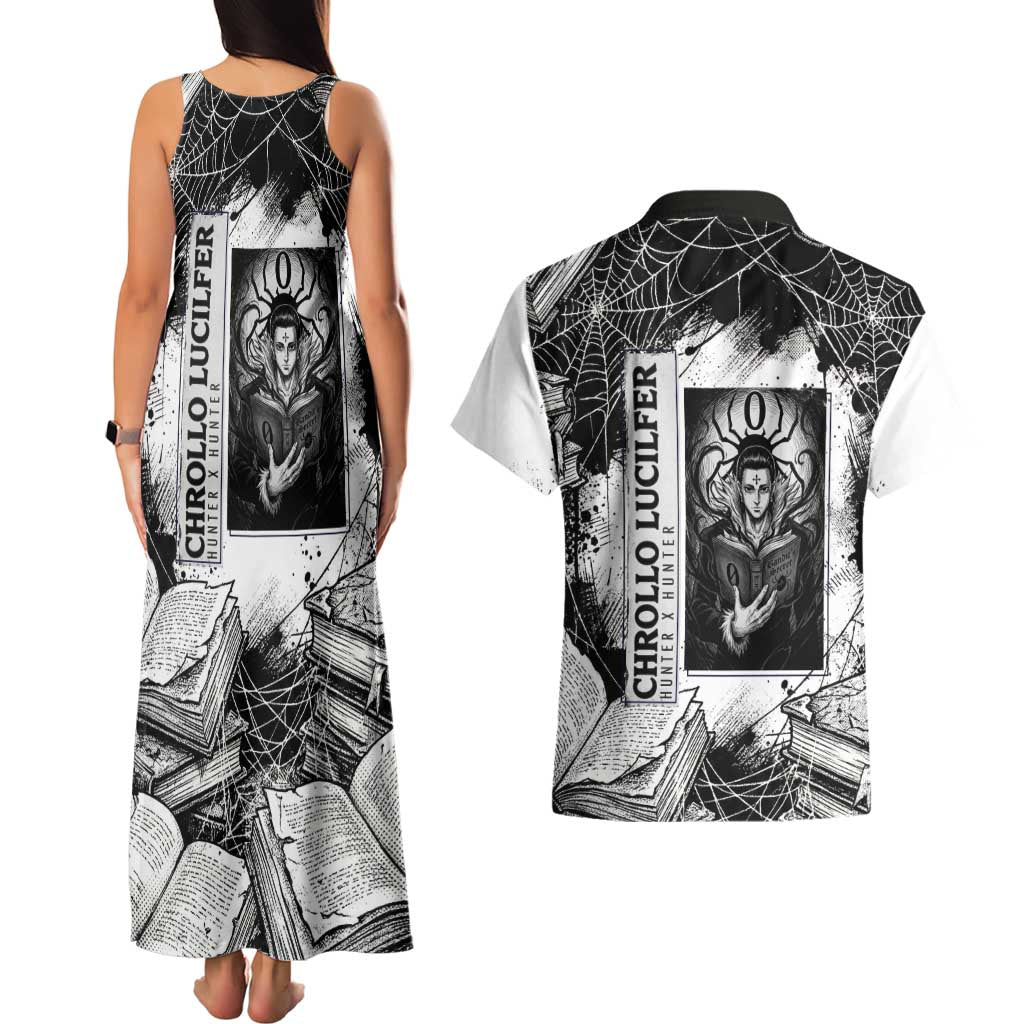 Chrollo Lucilfer Gothic Style Couples Matching Tank Maxi Dress and Hawaiian Shirt with Spider Webs, Grimoire Illustration and Monochrome Design - The Mazicc
