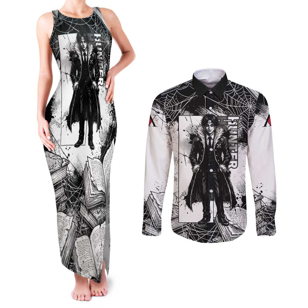 Chrollo Lucilfer Gothic Style Couples Matching Tank Maxi Dress and Long Sleeve Button Shirt with Spider Webs, Grimoire Illustration and Monochrome Design - The Mazicc