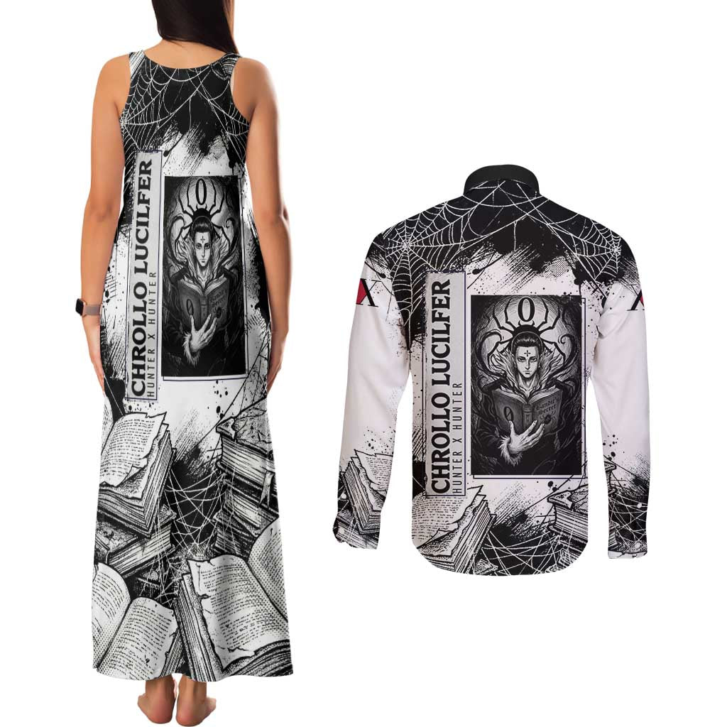 Chrollo Lucilfer Gothic Style Couples Matching Tank Maxi Dress and Long Sleeve Button Shirt with Spider Webs, Grimoire Illustration and Monochrome Design - The Mazicc