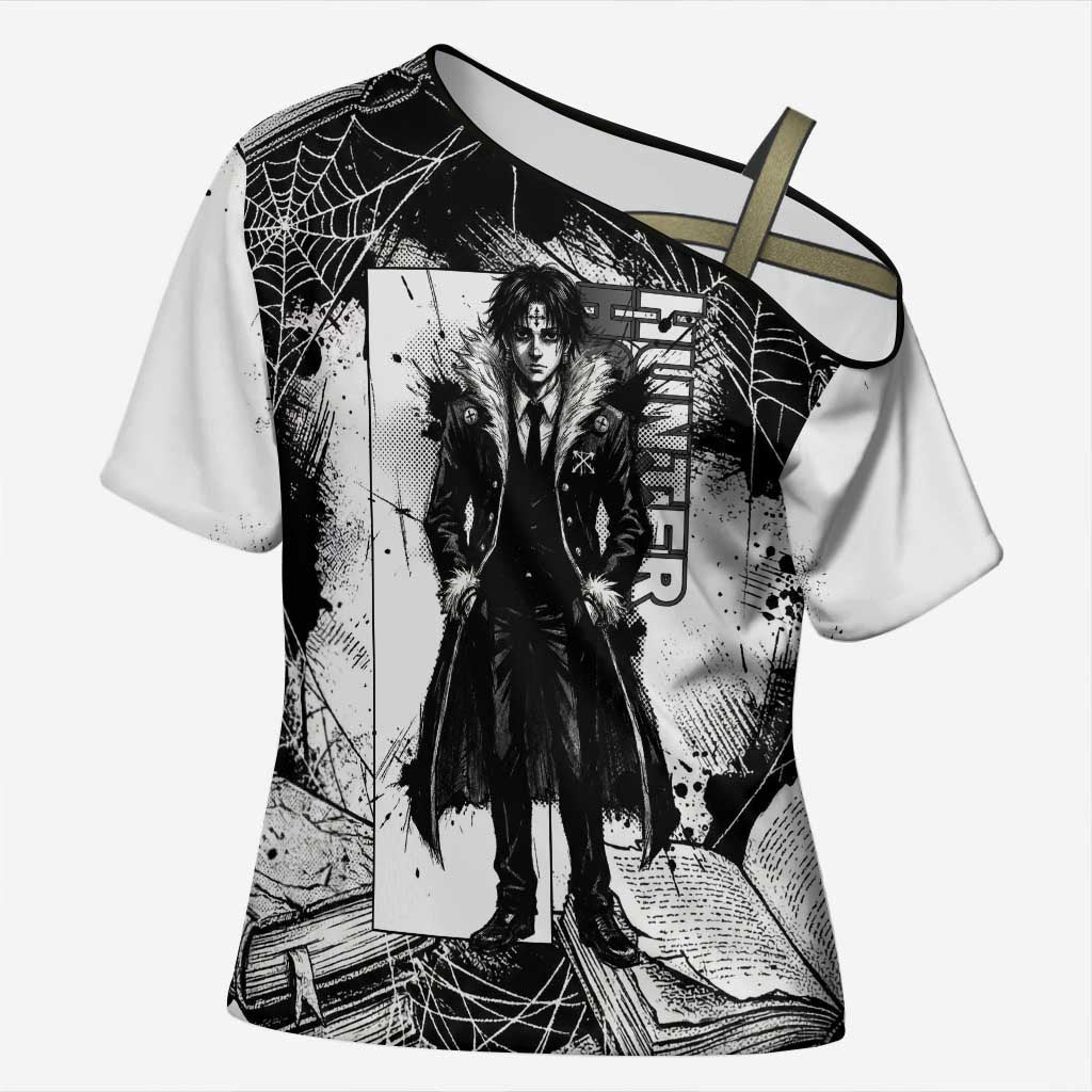 Chrollo Lucilfer Gothic Style Cross Shoulder Shirt with Spider Webs, Grimoire Illustration and Monochrome Design - The Mazicc
