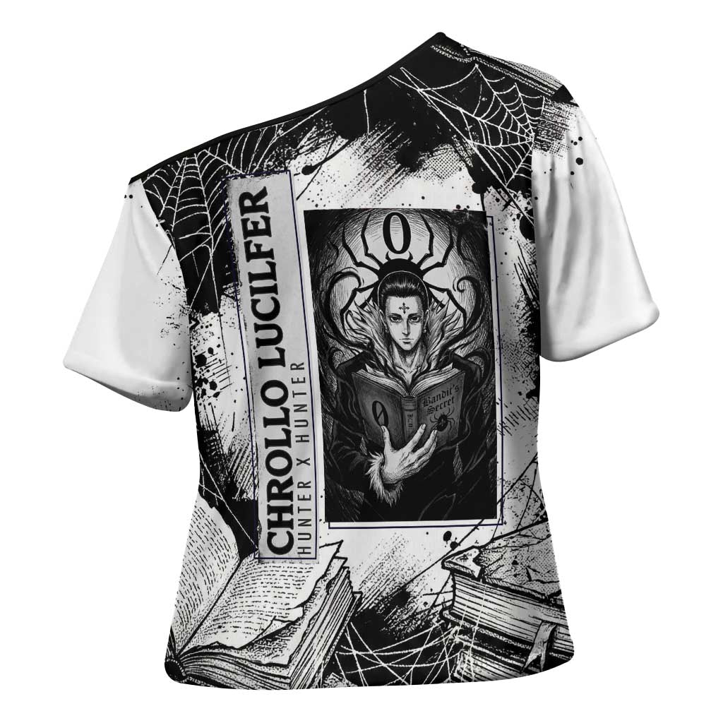Chrollo Lucilfer Gothic Style Cross Shoulder Shirt with Spider Webs, Grimoire Illustration and Monochrome Design - The Mazicc