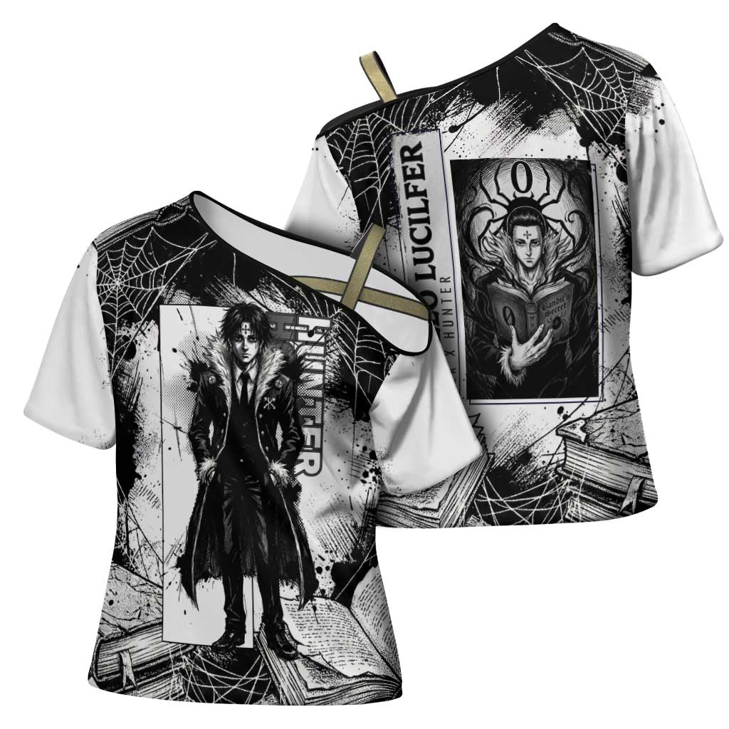 Chrollo Lucilfer Gothic Style Cross Shoulder Shirt with Spider Webs, Grimoire Illustration and Monochrome Design - The Mazicc