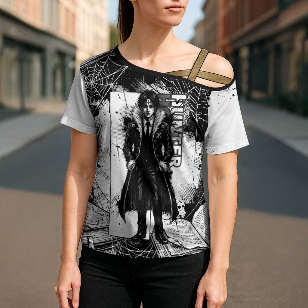 Chrollo Lucilfer Gothic Style Cross Shoulder Shirt with Spider Webs, Grimoire Illustration and Monochrome Design - The Mazicc