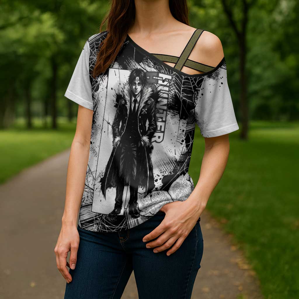 Chrollo Lucilfer Gothic Style Cross Shoulder Shirt with Spider Webs, Grimoire Illustration and Monochrome Design - The Mazicc