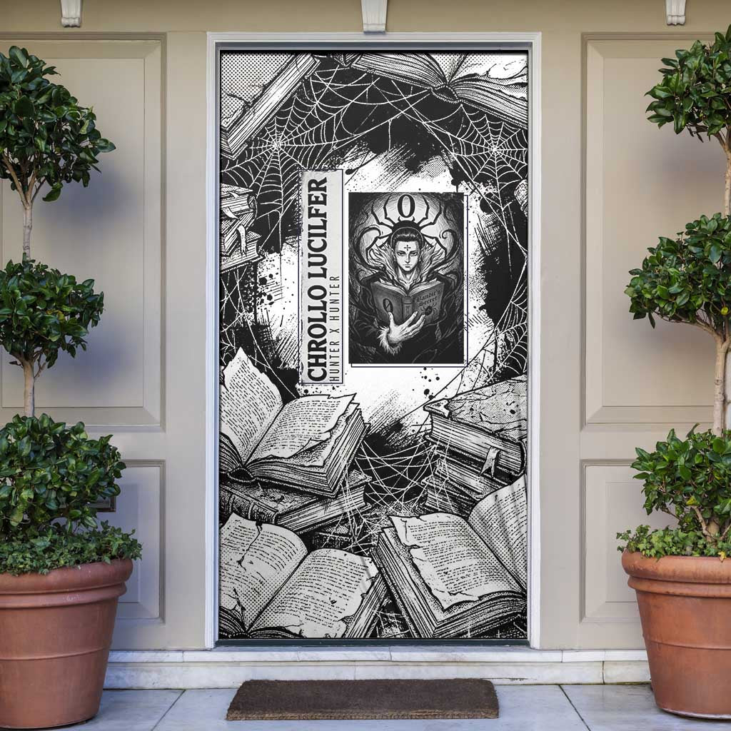 Chrollo Lucilfer Gothic Style Door Cover with Spider Webs, Grimoire Illustration and Monochrome Design - The Mazicc
